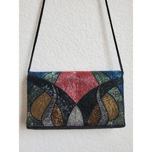 VTG ADG Fashion Imports Beaded Black Multicolor Evening Bag Purse 80s Re…